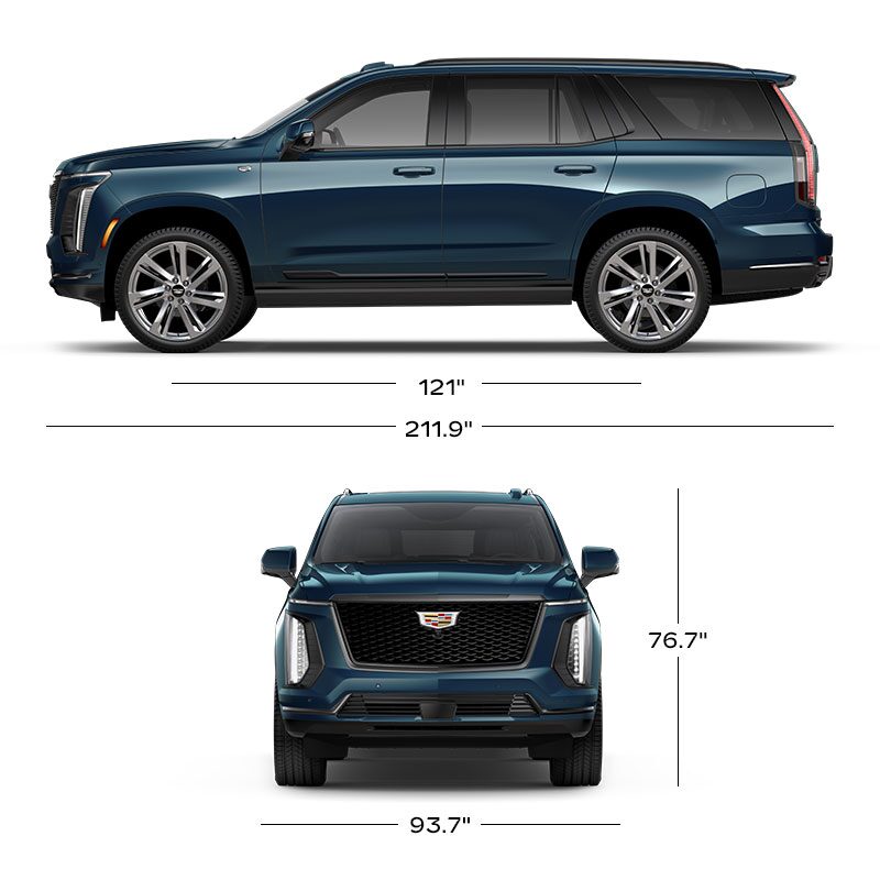A Side View and Front Profile View of the Blue Escalade with the Dimensions Displayed