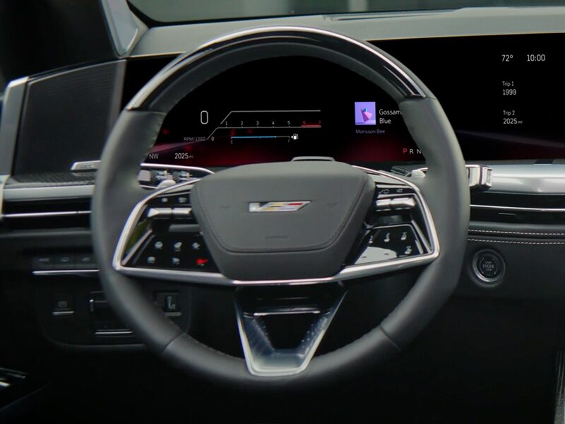 Close-Up View of the V-Series Logo on the 2026 Cadillac Escalade-V Steering Wheel
