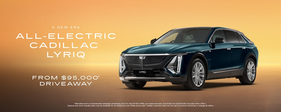 Image of a green Cadillac Lyriq with text overlay "All-Electric Cadillac LYRIQ. From $95,000* Driveaway".