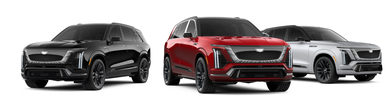 Stellar Black Metallic, Radiant Red Tintcoat and Vibrant White Tricoat Cadillac VISTIQ vehicles.