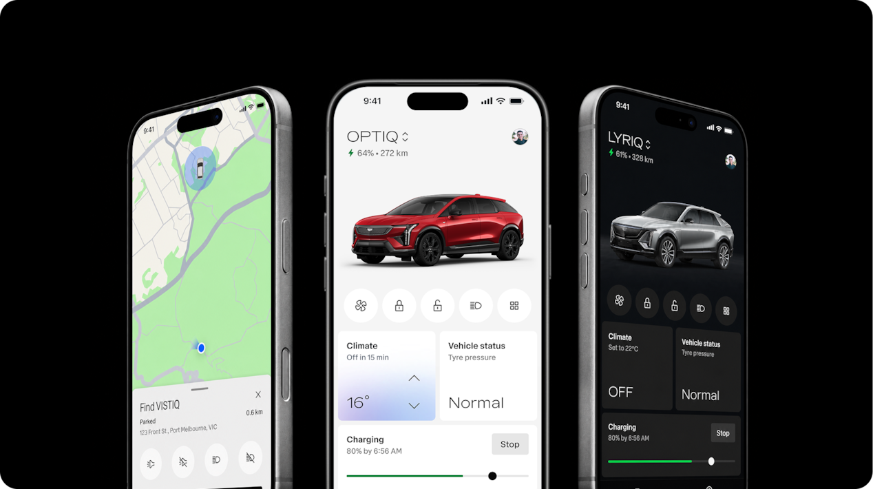 Cadillac mobile app showcased on three iPhones