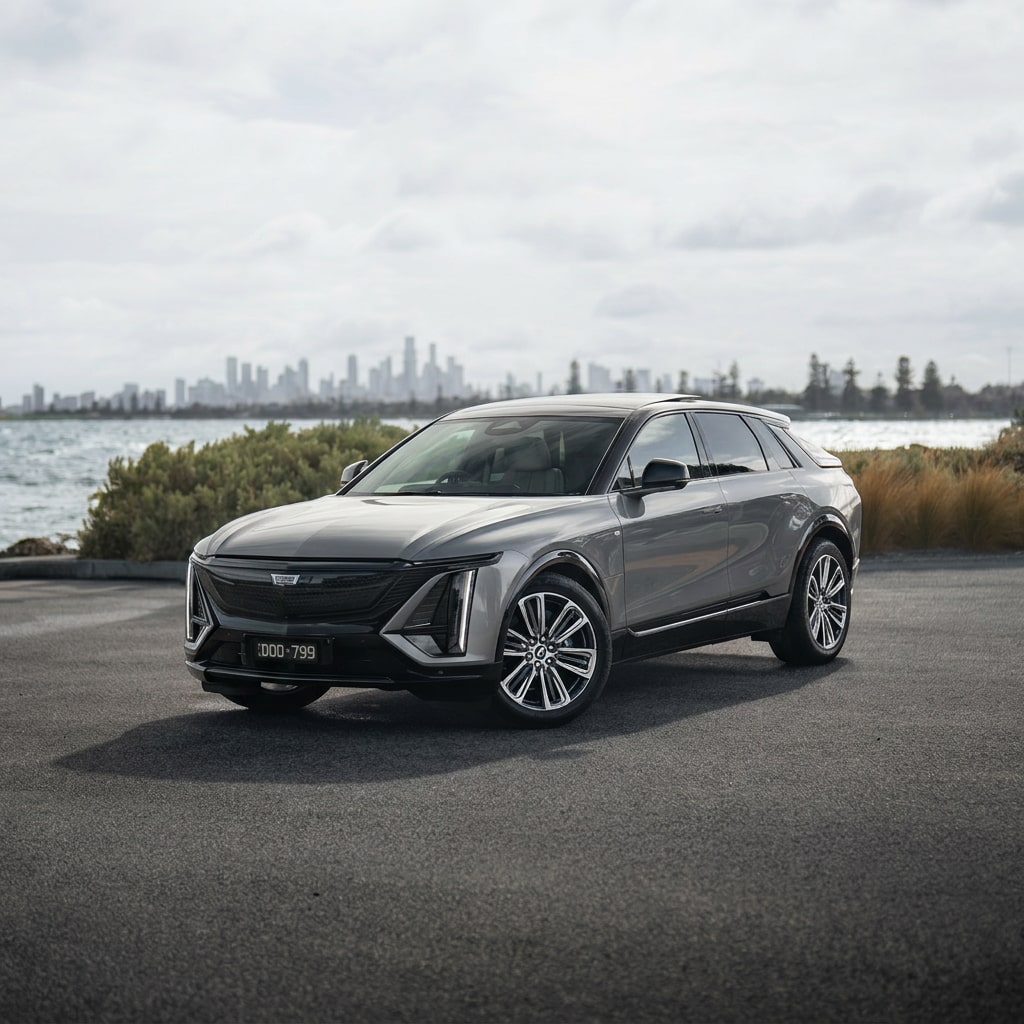 Image of the Cadillac LYRIQ, with a sunset, and click through to test drive, design & price or request a call