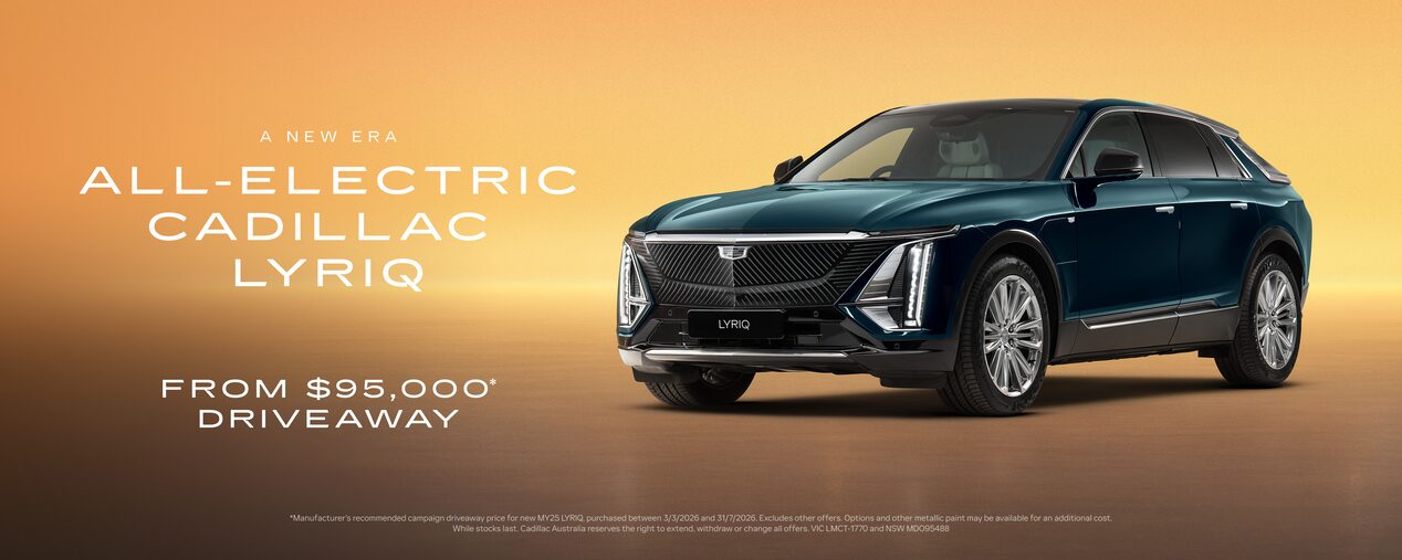 Image of a green Cadillac Lyriq with text overlay "All-Electric Cadillac LYRIQ. From $95,000* Driveaway".