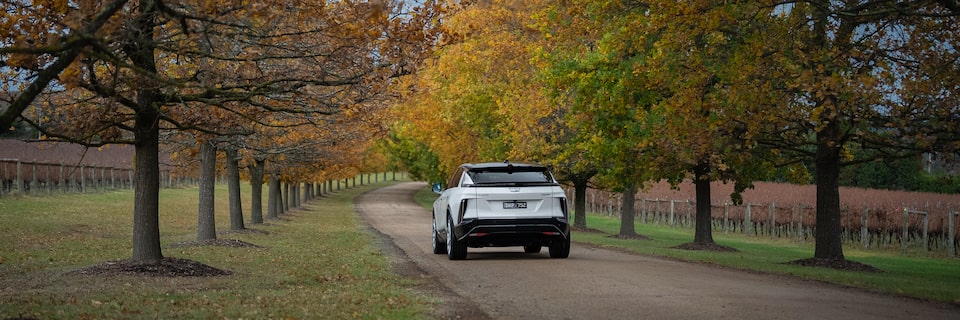 LYRIQ driving through leafy road