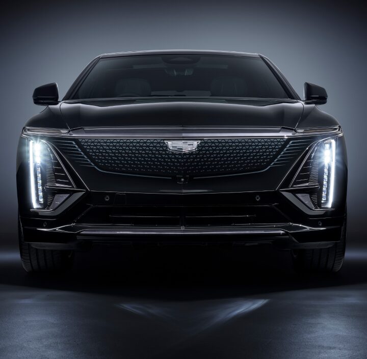 The new Cadillac LYRIQ with red backdrop