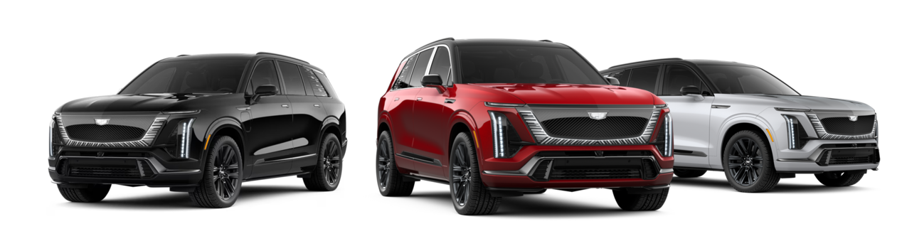 Stellar Black Metallic, Radiant Red Tintcoat and Vibrant White Tricoat Cadillac VISTIQ vehicles.