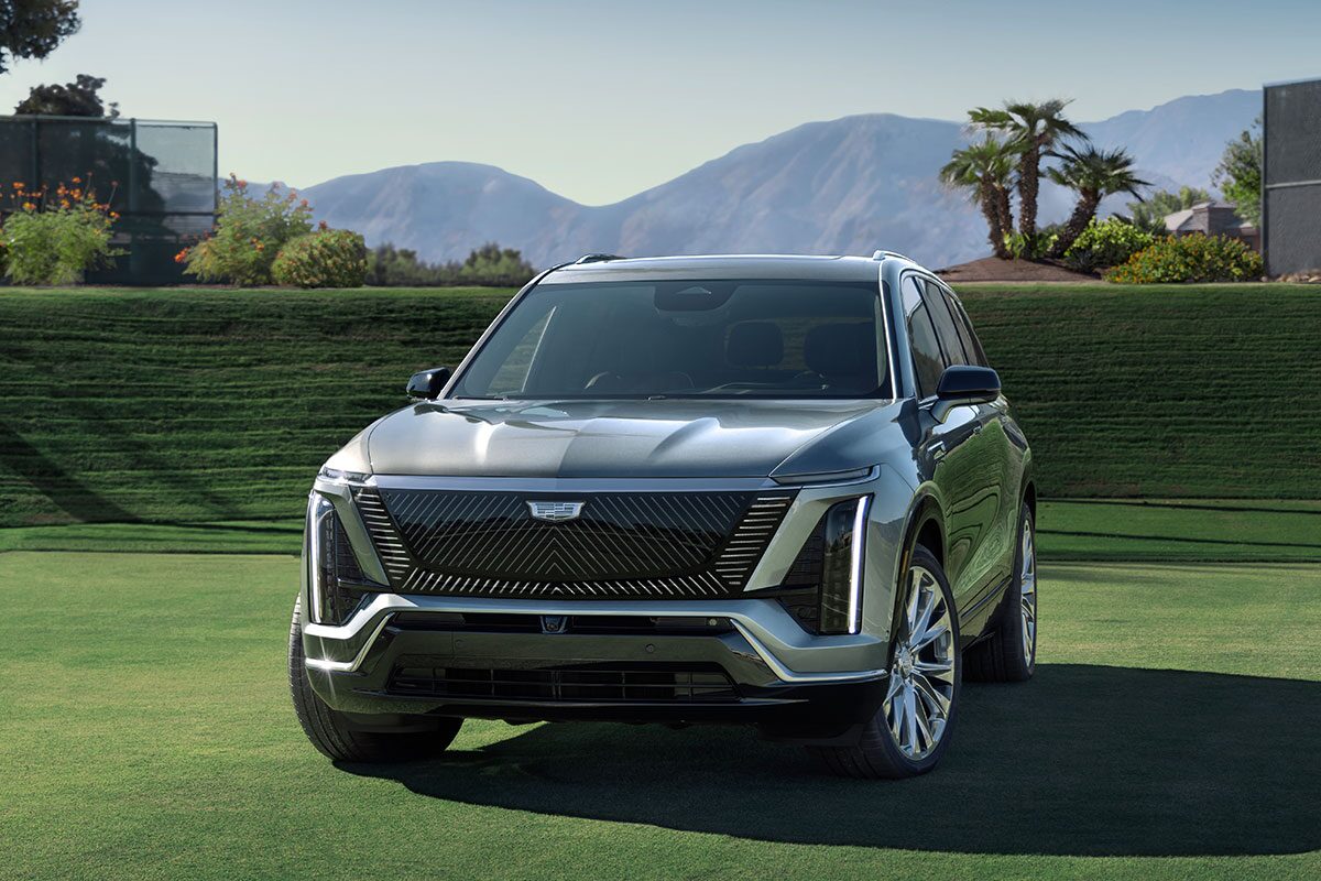 The 2026 Cadillac VISTIQ Luxury Electric SUV Parked on a Grassy Tennis Court