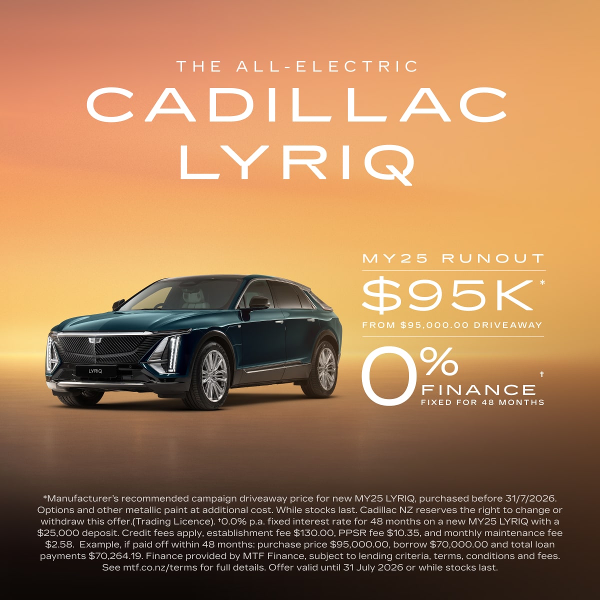 Image of a green Cadillac Lyriq with text overlay "All-Electric Cadillac LYRIQ. From $95,000* Driveaway".