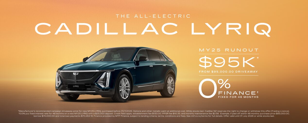 Image of green Cadillac LYRIQ with text overlay "The All-Electric Cadillac LYRIQ. MY25 Runout. From $95k Driveway* and 0% Finance fixed for 48 months*.